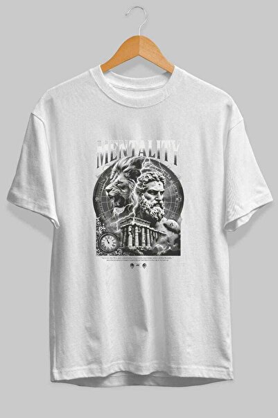 Ankhises Tricou oversize alb cu imprimeu frontal Mentality Zeus, pentru bărba...