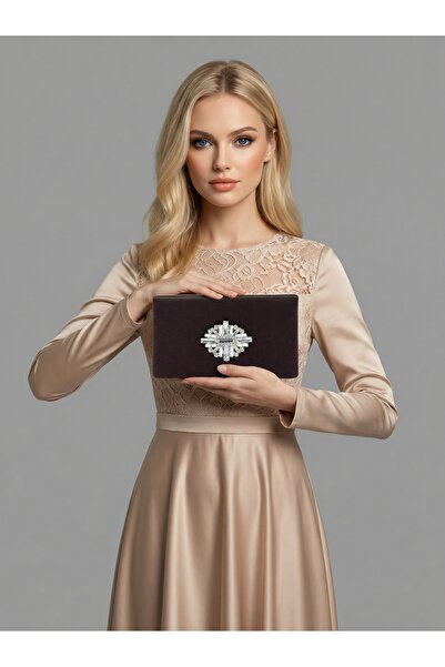 Biçanta Brown Z.A.R.A. Satin Crystal Stone Embroidered Chain Women's Evening ...