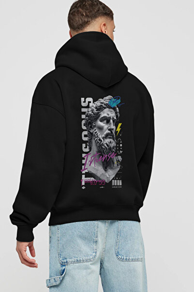 Ankhises Hanorac negru supradimensionat cu glugă Zeus Intense, imprimat pe sp...