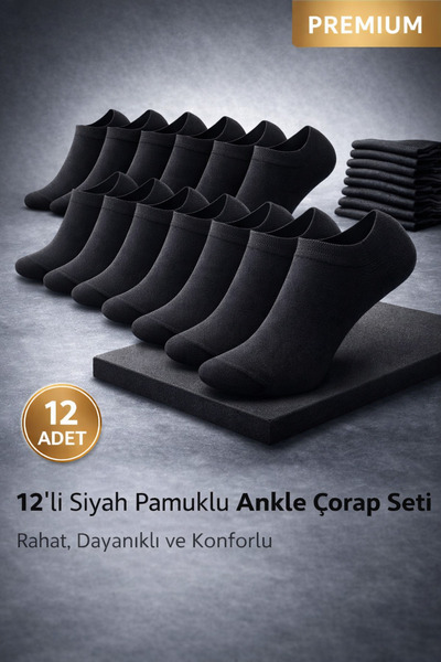 HarmonyTex 12’li Siyah Unisex Pamuklu Patik Çorap – Premium Kalite, Terletmey...