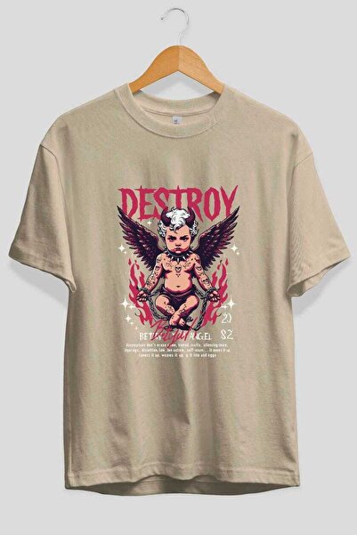 Ankhises Uništi prednji deo Štampano Bež Oversize kroj T-shirt Muškarci Žene ...