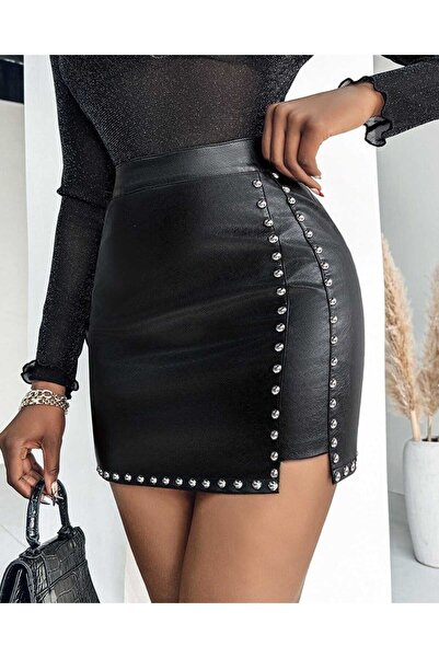 HYEM Dressify Woman High Waist Silver Color Trok Detail Mini Skirt
