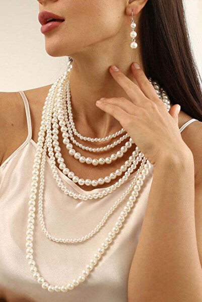 Ravinity Çoklu İnci Kolye, 7 Sıra Küçük Büyük İncili Kolye