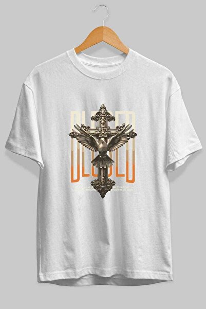 Ankhises Μπλουζάκι Blesed με στάμπα μπροστά, λευκό, oversize, ανδρικό, γυναικ...