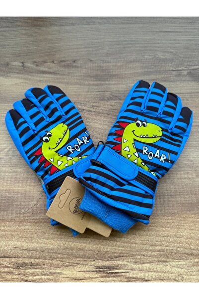 Blotch Blue Color Lined Children's Ski and Snow Gloves with Dinosaur Characte...