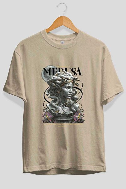 Ankhises Medusa Front Printed Beige Oversize T-Shirt Men's Women's Cotton Cre...