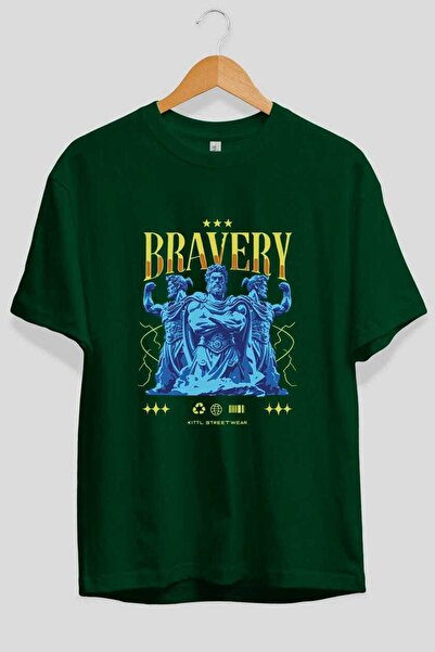Ankhises Bravery Front Printed Green Oversize T-Shirt Men Women Cotton Crew N...