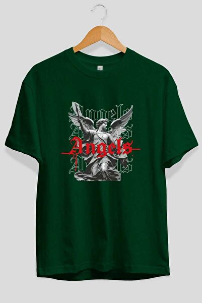 Ankhises Tricou oversize verde cu imprimeu Angels în față, pentru bărbați și ...