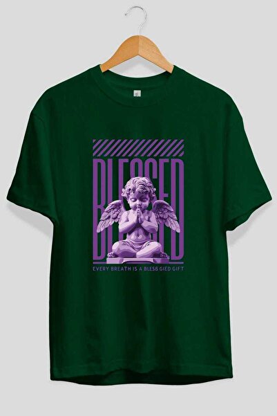 Ankhises Blessed Front Printed Green Oversize T-Shirt Men Women Cotton Crew N...