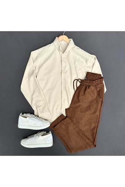 THEGENTMAN Men's Crinkle Linen Shirt Pants Set