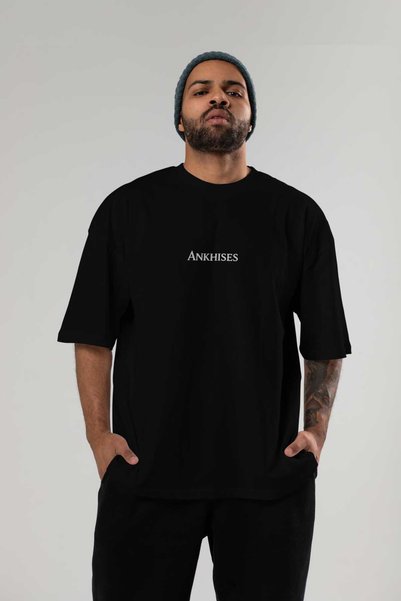 Ankhises Black Oversize T-Shirt with Front Printed Text Men's Women's Cotton Crew Neck T-Shirt