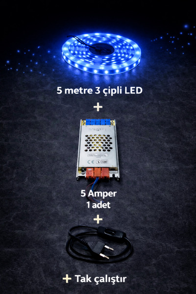 ZMR LUMIXA 3 ÇİPLİ 5 METRE MAVİ LED + 5 AMPER TRAFO (SET)