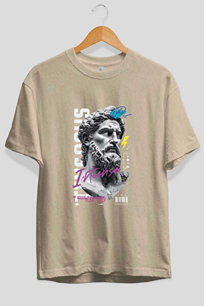 Ankhises Zeus Intense Front Printed Beige Oversize T-Shirt Men Women Cotton C...