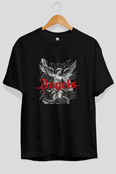 Ankhises Tricou negru oversize cu imprimeu Angels în față, pentru bărbați și ...