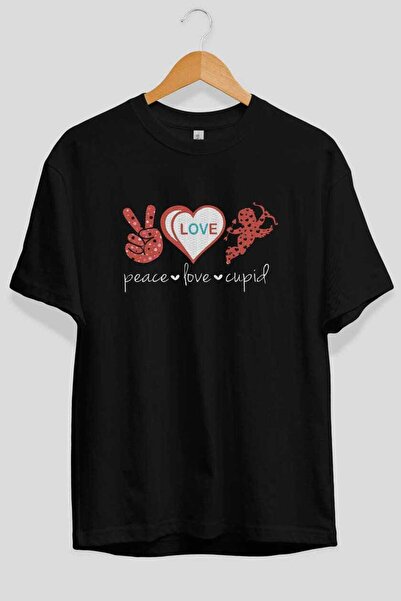 Ankhises Peace Love Cupid Tricou negru oversize cu imprimeu frontal Bărbați F...