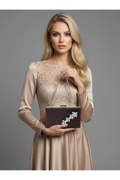 Biçanta Brown Z.A.R.A. Satin Crystal Stone Embroidered Chain Women's Evening ...