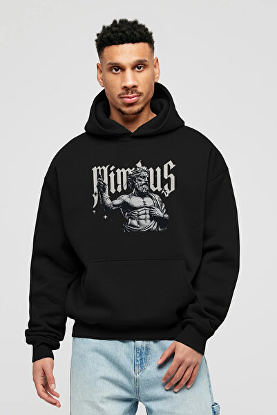 Ankhises Mimbus Zeus Front Printed Black Oversized Hooded Sweatshirt for Men ...
