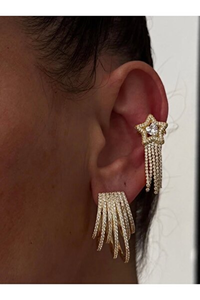 AychaAksesuar Çelik vip zirkon taşlı püsküllü yıldızlı geçirmeli kıkırdak küpe