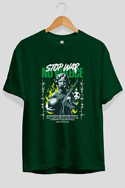 Ankhises Tricou Stop War cu imprimeu frontal, verde, supradimensionat, pentru...