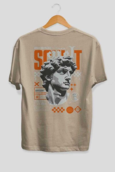 Ankhises Tricou oversize bej cu imprimeu Scult pe spate, pentru bărbați și fe...