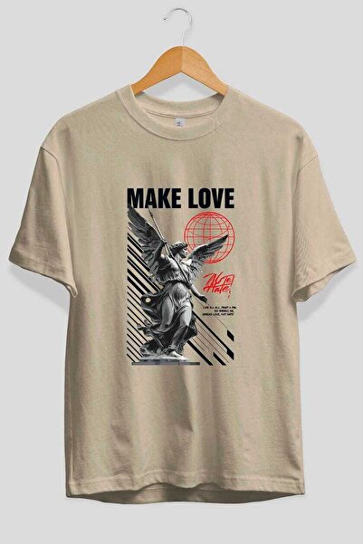 Ankhises Make Love Front Printed Beige Oversize T-Shirt Men Women Cotton Crew...