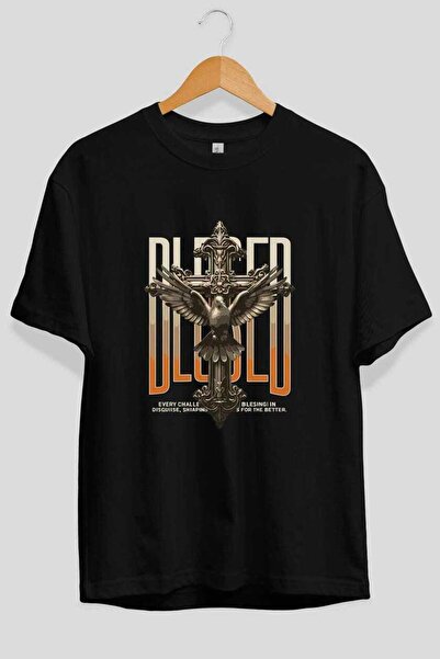 Ankhises Μπλουζάκι Blesed με στάμπα μπροστά, μαύρο, oversize, ανδρικό, γυναικ...