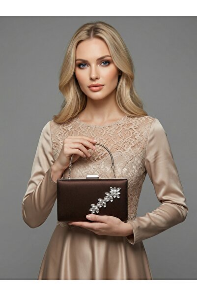 Biçanta Brown Z.A.R.A. Satin Crystal Stone Embroidered Chain Women's Evening ...