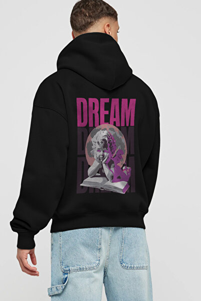 Ankhises Hanorac negru supradimensionat cu glugă, imprimat pe spate, Dream An...