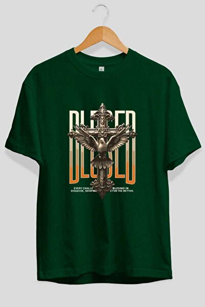 Ankhises Blesed Front Printed Green Oversize T-Shirt Men Women Cotton Crew Ne...