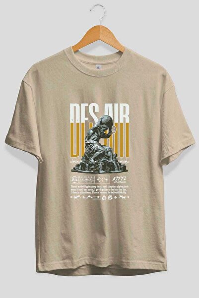 Ankhises Des Air Front Printed Beige Oversize T-Shirt Men's Women's Cotton Cr...
