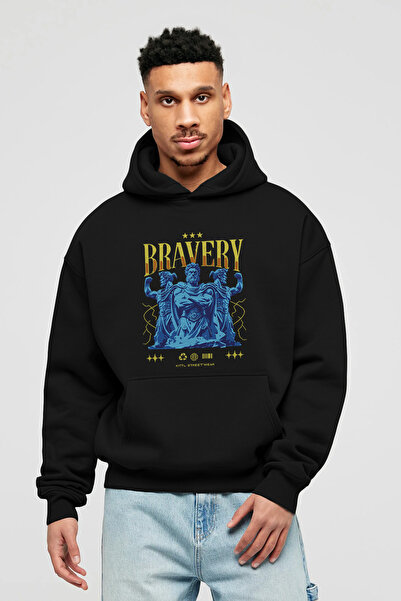 Ankhises Bravery Front Printed Black Oversized Hooded Sweatshirt for Men and ...