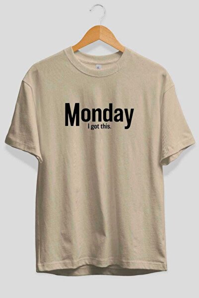 Ankhises Monday Front Printed Beige Oversize T-Shirt Men's Women's Cotton Cre...