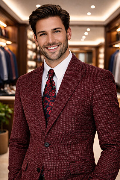 Sergio Ferraro Burgundy White Textured Classic Slim Fit Italian Style Men's B...