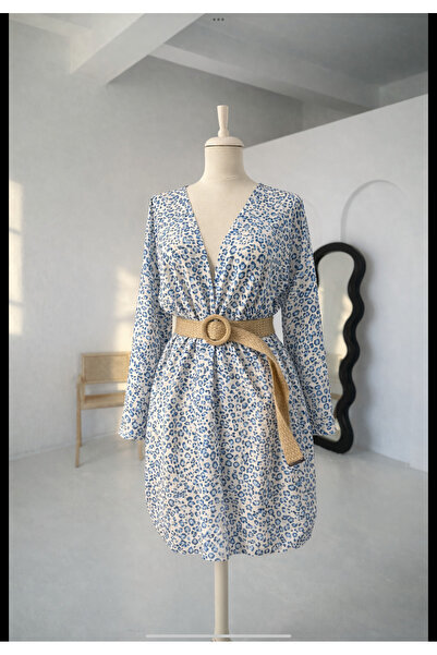 MODA Mavi desenli hasır kemerli kimono