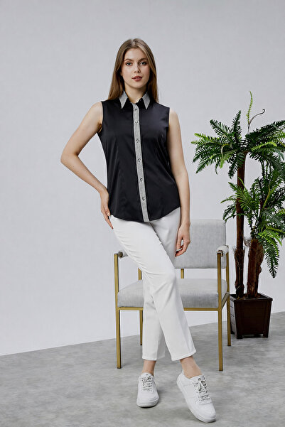 FARQIN Black Cotton Satin King Striped Fabric Detailed Zero Sleeve Slim Fit W...