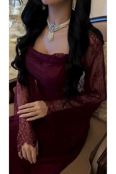 Mara Burgundy Lace dress adorned with sequins and zircon