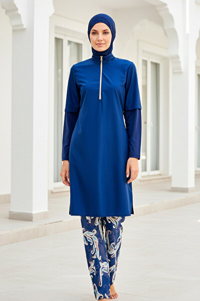 Marina Navy Blue Leaf Patterned Full Covered Hijab Swimsuit 4 Piece Parachute...