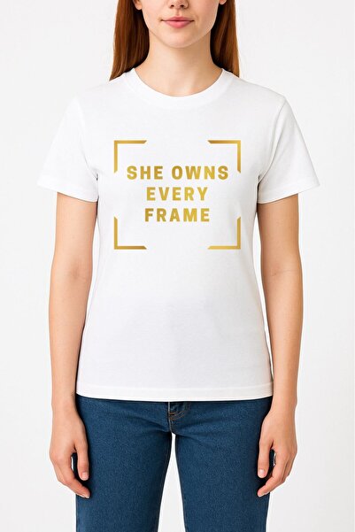 T-MUCH White T-Shirt She Owns Every Frame