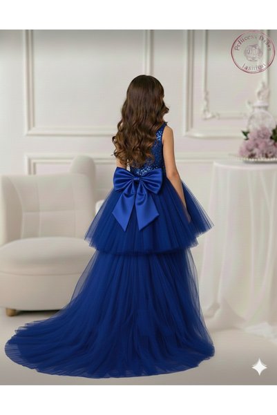 PRİNCESS Girl's Cobalt Blue Sequined Tulle Tail Graduation Dress, Evening Dress
