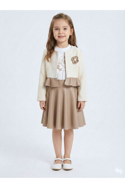 XO Kids Girl's 3-Piece Set with Floral Detailed Tweed Jacket and Leather Skir...