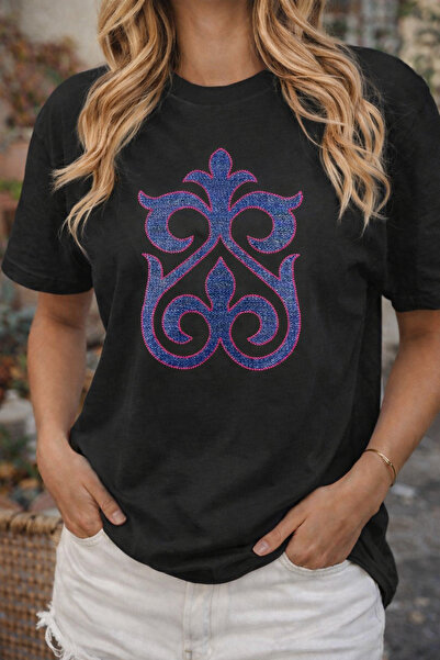 genosha Kazakh Ornament Printed T-Shirt Oversize 100% Cotton Comfortable Casu...