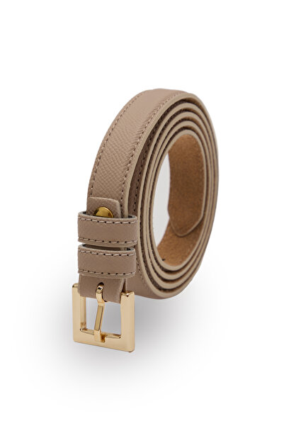 Velvoria Women's Sand Beige Shiny Gold Buckle Thin Leather Belt
