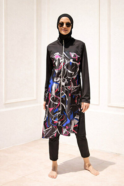 Marina Black Patterned Full Covered Hijab Swimsuit 3 Piece Parachute Fabric S...