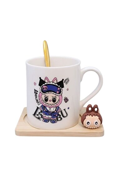 Premium كوب لابوبو سيراميك مع صينية خشبية وملعقة وكوب بشخصية لطيفة