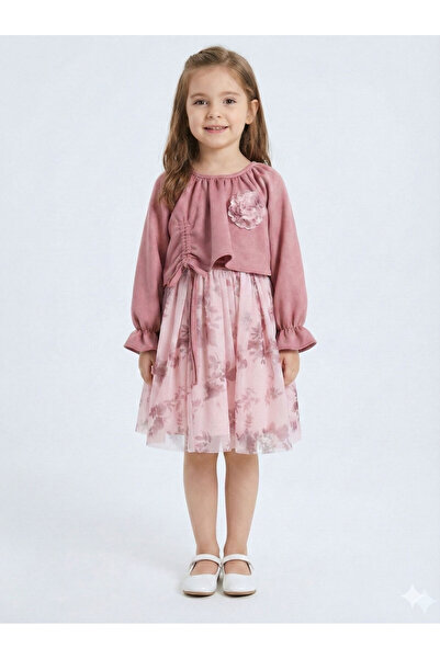 XO Kids Rochie pentru fete cu detaliu din dantelă, talie și mâneci încrețite,...