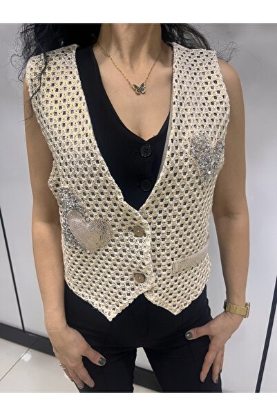 İTALYAN File Dokulu Taş Rengi Kalp Detaylı Yelek