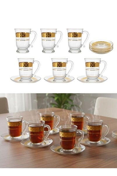Premium طقم فاخر من 6 فناجين شاي زجاجية شفافة بحافة ذهبية وصحون