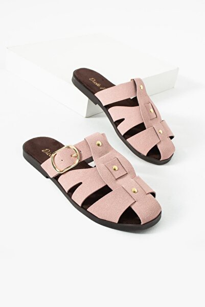 diclepolat Sarra Powder Suede Belt Detailed Flat Sole Women's Slippers