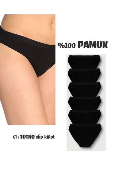 Tutku Kadın %100 Pamuklu Siyah Slip Külot 6'lı Paket
