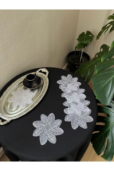 BRL ÇEYİZ HOME 6-Piece Hologram Coffee-Color Stylish Presentation Laced Tulle...